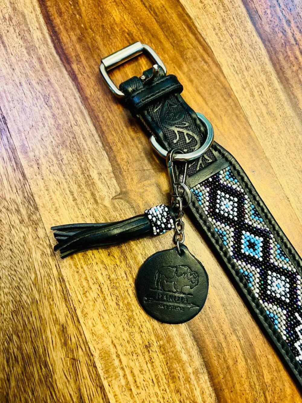 Genuine Leather Tooled Beaded Dog Collar, XL 